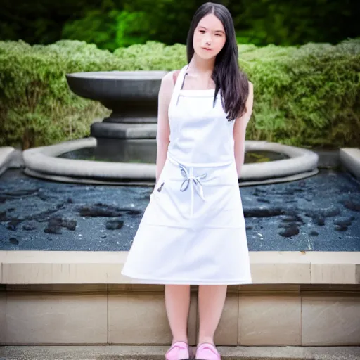 Image similar to a full body portrait of a very very very beautiful young woman wearing a white apron standing in front of a fountain in a park, very detailed, William-Adolphe, photo taken with Sony a7R