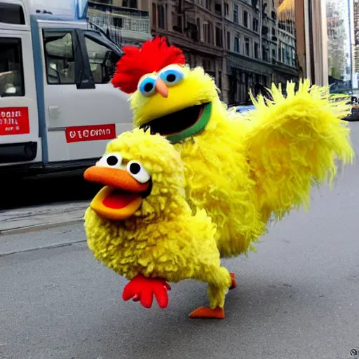 Image similar to big bird sesame street running from the police carrying a fridge