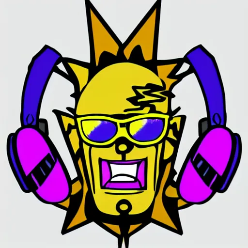 Image similar to svg vector sticker of absolutely insane-mad-scientist-villain, rocking out, wearing headphones, huge speakers, dancing, rave, DJ, spinning records, digital art, amazing composition, rule-of-thirds, award-winning, trending on artstation, featured on deviantart