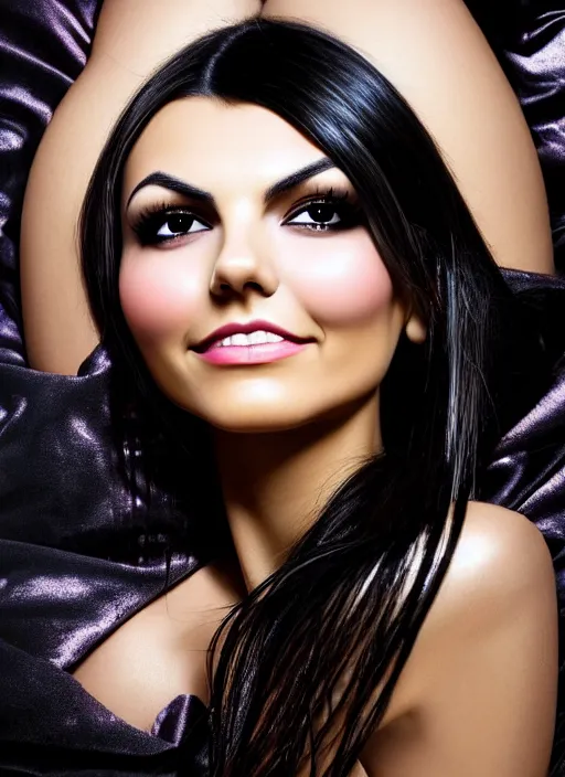 Image similar to amazingly complex portrait of evil Victoria Justice laying in a bed of black oil as she stares intently at you. soft detailed painting at 16K resolution and amazingly epic visuals. epically beautiful image. amazing effect, image looks gorgeously crisp as far as it's visual fidelity goes, absolutely outstanding. vivid clarity. ultra detail. iridescent. mind-breaking. mega-beautiful pencil shadowing. beautiful face. Ultra High Definition. soft shading. soft texture. intensely beautiful.