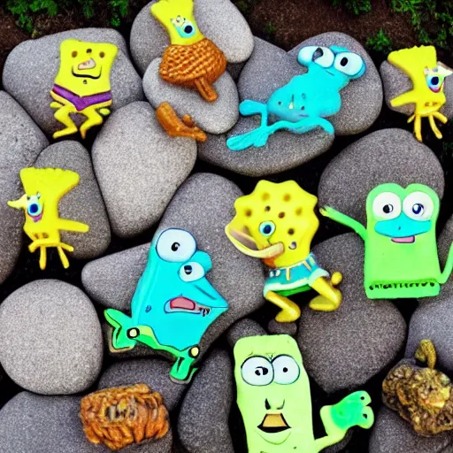 Image similar to spongebob squarepants made out of stone.