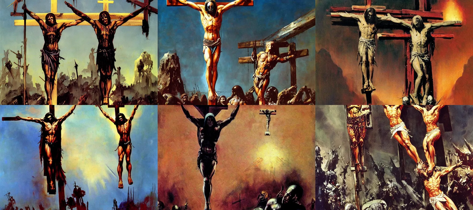 Prompt: the crucifixion of cyberchrist, painting by frank frazetta