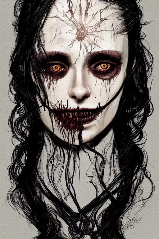 Prompt: yennefer of vengerberg in sleepy hollow, full body, big two toned eyes, teeth gritted, horror, intricate details, cinematic, epic, realistic, anatomy, tomer hanuka, uplight, artstation, photorealistic, scary