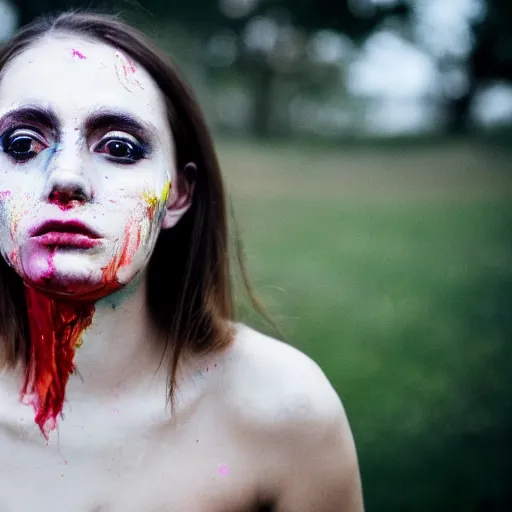 Prompt: a girl with cracked skin painting her face with paint, 5 0 mm lens, f 1. 4, sharp focus, ethereal, emotionally evoking, head in focus, volumetric lighting, blur dreamy outdoor,