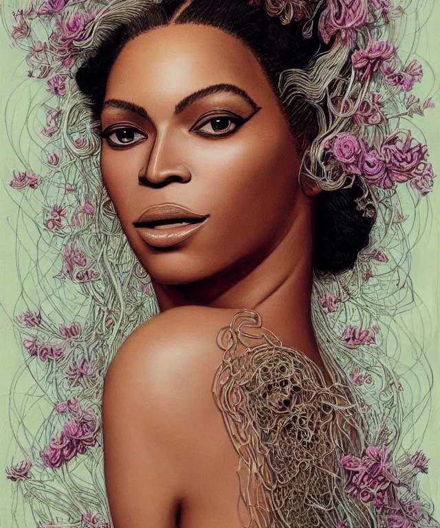 Image similar to facial portrait of Beyonce as a young pretty woman in flowing dress, arrogant, mysterious, long fine flowing hair, delicate, looking at camera, realistic face, intricate, stylish, elegant, grimdark, flowers, extremely detailed photograph by Martine Johanna and Ernst Haeckel and Greg Rutkowski