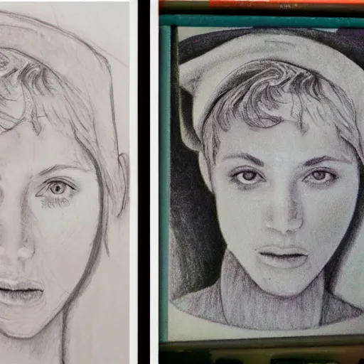 Prompt: a pencil sketch on the left, and a colorized version of that sketch on the right
