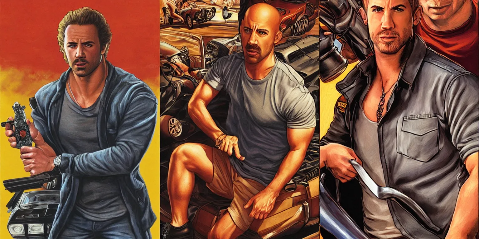 Prompt: Hairy Potter as Luke Hobbs in Fast and Furious by Greg Hildebrandt