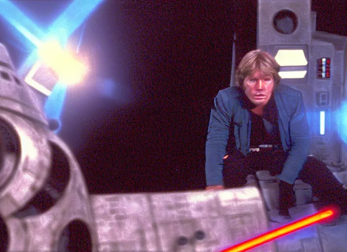 Prompt: screenshot from the lost star wars film, the lost jedi, scene of Han Solo on the millenium falcon, he's talking to a small blue hologram of Luke Skywalker, iconic scene from the 1980s sci fi thriller directed by Stanely Kubrick film, color kodak stock, anamorphic lenses, detailed faces, moody cinematography