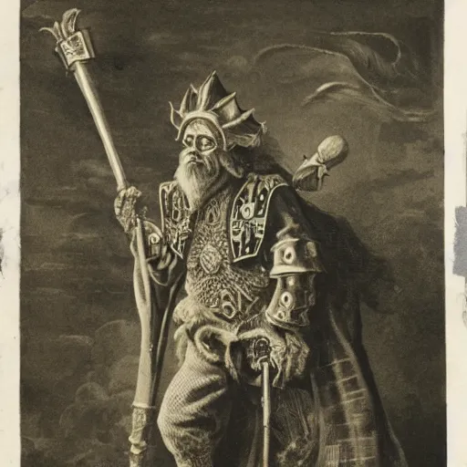 Image similar to a photo of an old man in a regal set of armor depicting a marijuana leaf on the chest. He is holding a mystic battle axe and he’s outside surrounded by horses