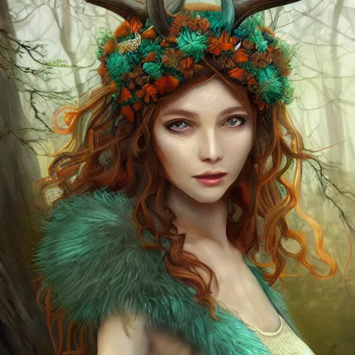Image similar to A beautiful digital painting of freya allen, teal skin, antlers made from wood on her head and brown curly hair with orange oak leaves, forest in the background, D&D, fantasy, intricate, beautiful green eyes, cinematic lighting, highly detailed, digital painting, Artstation, concept art, smooth, sharp focus, illustration, art by Artgerm and Greg Rutkowski and Alphonse Mucha