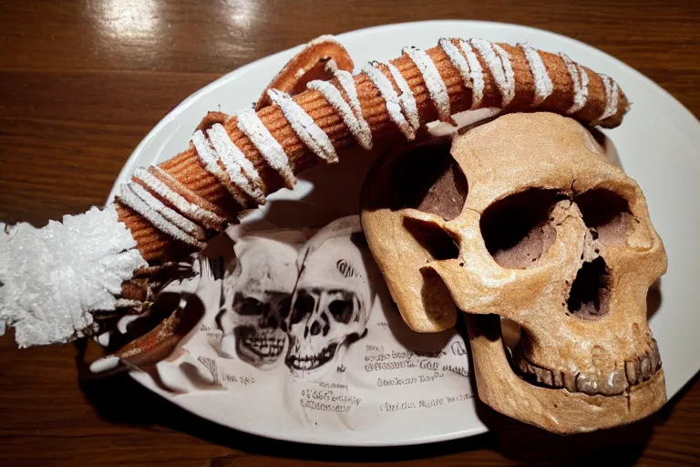 Prompt: aztec skull made of churros