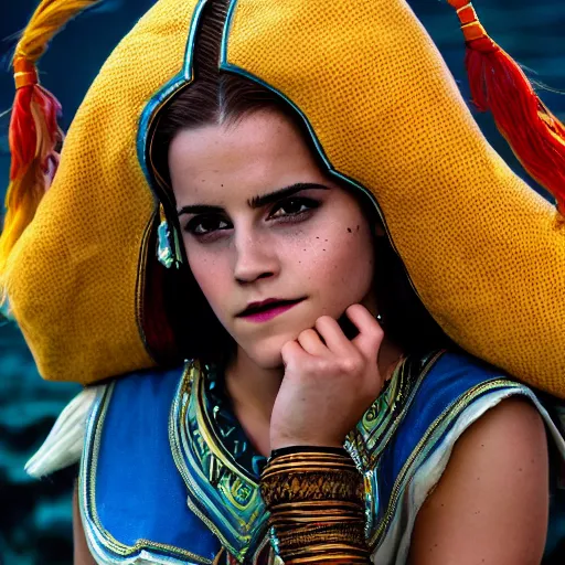 Image similar to Emma Watson modeling as Urbosa from Zelda, (EOS 5DS R, ISO100, f/8, 1/125, 84mm, postprocessed, crisp face, facial features)