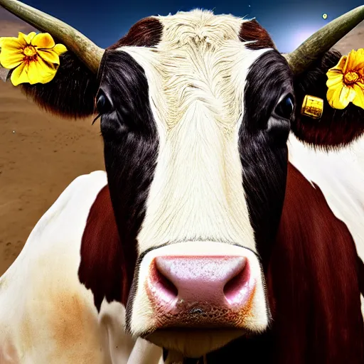 Prompt: colored photo of a cow with a golden halo ornament on its head, on the moon, photorealistic, 8 k