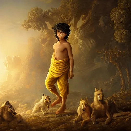 Image similar to A epic and beautiful rococo painting of a young arabian boy half wolf covered in yellow cloth surrounded by wolves of ashes, standing before a desert of ashes. ultra-detailed. Anime, pixiv, UHD 8K CryEngine, octane render