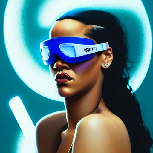 Image similar to Rihanna wearing opaque reflective goggles profile picture by Greg Rutkowski, asymmetrical, futuristic, volumetric lights, streetwear, studio ghibli, Organic Painting , Matte Painting, geometric shapes, hard edges, trending on the artstation, fantasy LUT, realistic by Sachin Teng + Martin Grip + Moebius + Patrick Gleason, smooth, sharp focus, illustration, art by John Collier and Albert Aublet and Krenz Cushart and Artem Demura and Alphonse Mucha, techwear, Industrial Scifi, detailed illustration, character portrait,