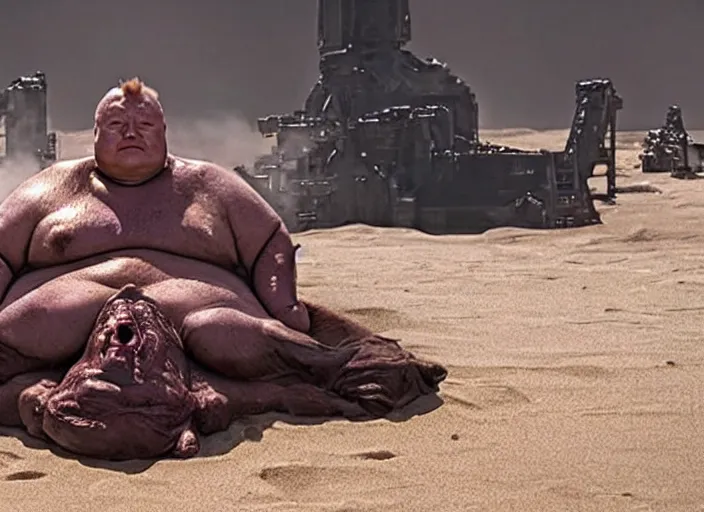 Image similar to elon musk as baron harkonnen in a black oil bath, Dune, Denis Villeneuve, film look