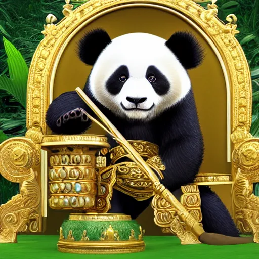 Image similar to panda king on a gilded throne, raising a staff encrusted with jewels, jungle scene, octane render, by tokaido