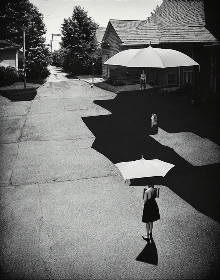 Image similar to “ gregory crewdson, photograph, quiet american neighborhood, a woman waiting with a black umbrella ”