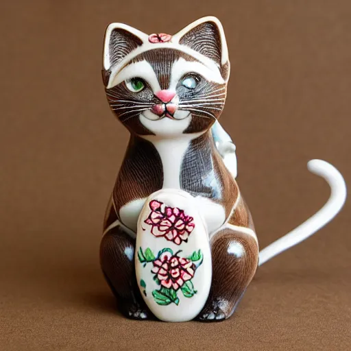 Image similar to demure anthropomorphic cat figurine wearing a kimono, brown resin, highly detailed, intricate, monotone, head tilted down