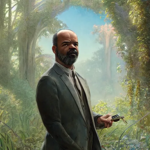 Image similar to full figure ultra realistic illustration, jeffrey wright in garden of eden, simulation, intricate, elegant, highly detailed, digital painting, artstation, concept art, smooth, sharp focus, illustration, art by artgerm and greg rutkowski and alphonse mucha