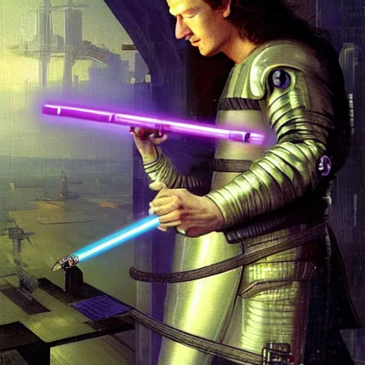 Image similar to Cyberpunk Mark Zuckerberg as a long haired medieval pilot wearing a transparent helmet while holding a purple lightsaber inside a medieval spaceship, by Diego Velázquez