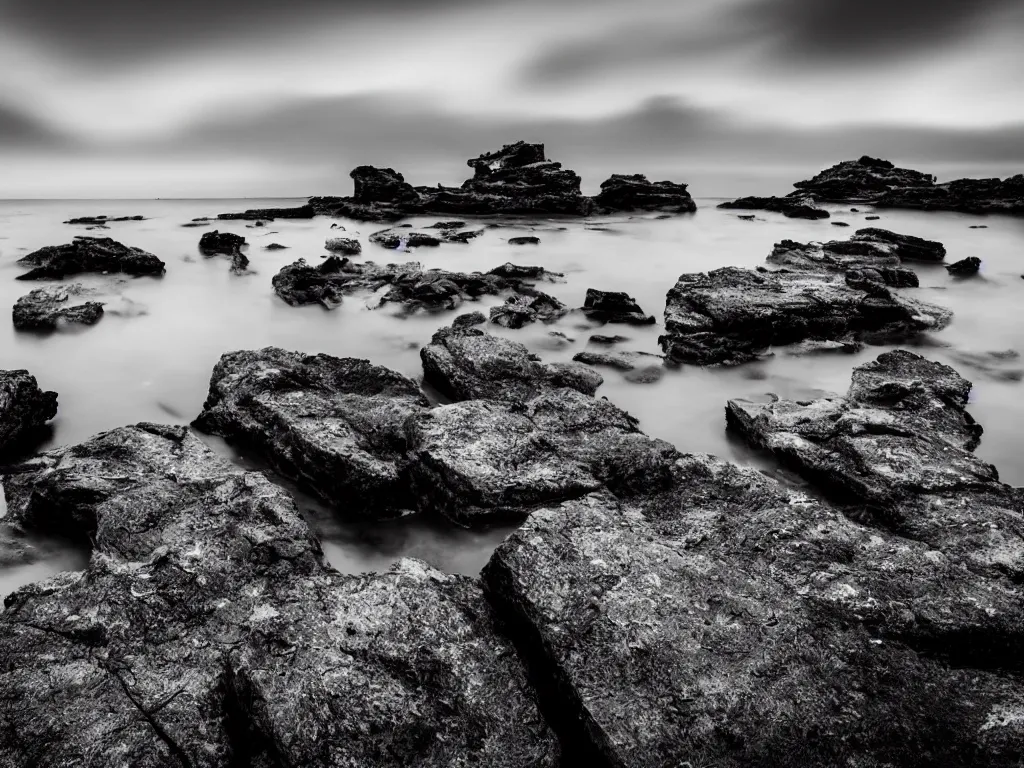Prompt: a black and white wide-angle long exposure photograph of large rocks in water and cloudy sky, fine art photography