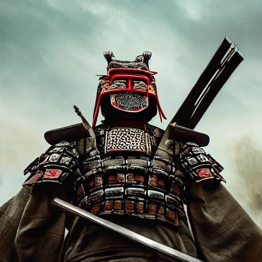 Prompt: ginormous samurai standing on old japanese battlefield, detailed digital artwork, symmetrical, highly detailed, highly accurate, deep aesthetic, 8 k, highly ornate intricate details, cinematic lighting, rich colors, ray tracing, hyperrealistic, photorealistic, cinematic landscape, trending on artstation,