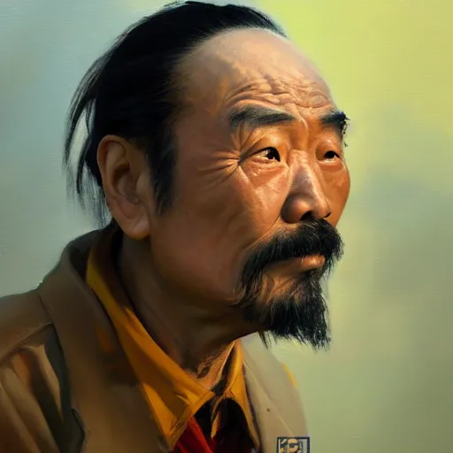 Image similar to Greg Manchess portrait painting of a chinese 60 year old character, soul patch, facial tattoo, long hair, medium shot, asymmetrical, profile picture, Organic Painting, sunset dark dramatic, matte painting, bold shapes, hard edges, street art, trending on artstation, by Huang Guangjian and Gil Elvgren and Sachin Teng