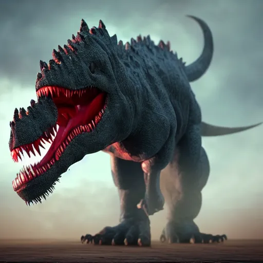 Prompt: Realistic, high quality photograph of a angry, demonic T-Rex standing close to camera in the style of devilcore, gorecore, 3D render, blender render, realistic skin, twilight, glows, detailed, studio quality, HD image,