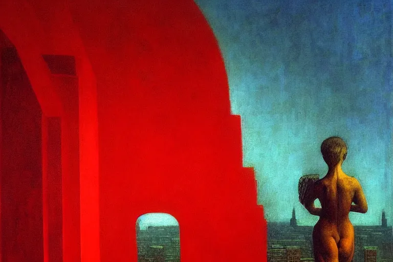 Image similar to only with red, a red angel announce the win, at the gates of a rich renaissance city. inthe background, pathos, in the style of beksinski, part by hopper, part by rodcenko, part by hofbauer, intricate composition, red by caravaggio, insanely quality, highly detailed, masterpiece, red light, artstation