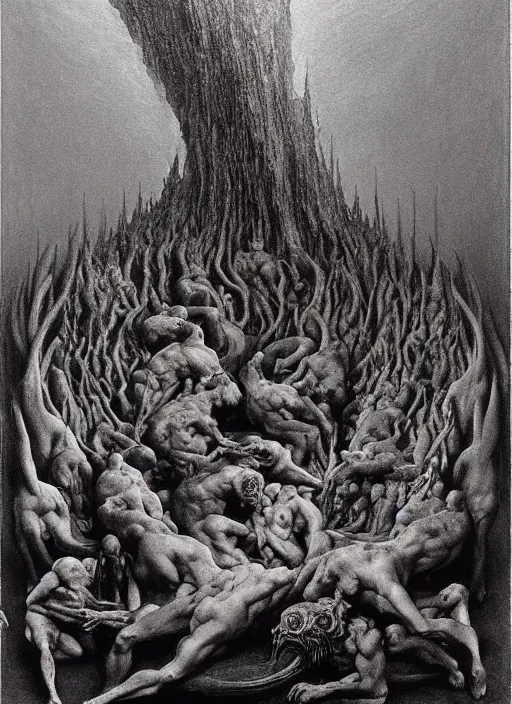 Image similar to the seventh circle of hell from dante's divine comedy. highly detailed painting by zdzisław beksinski and henry fuseli. 8 k