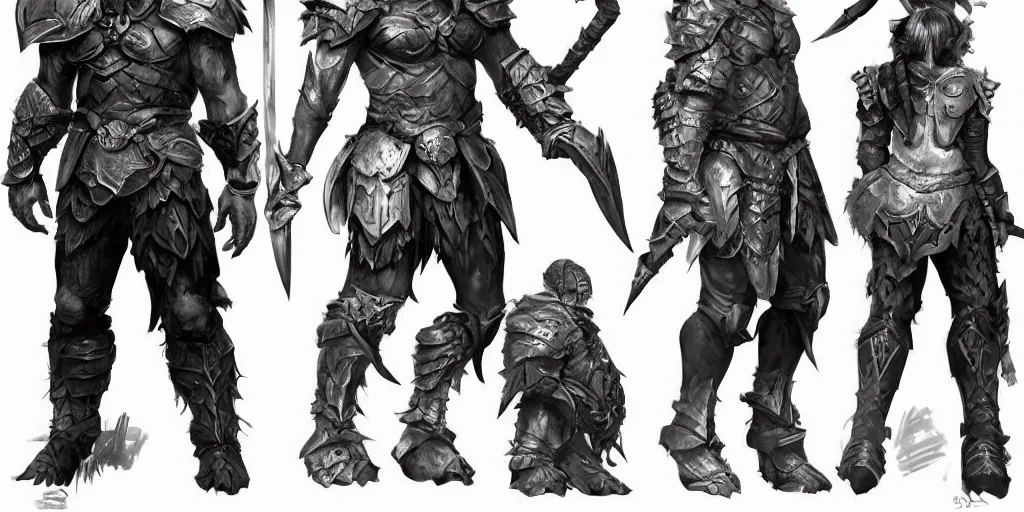 Image similar to ! dream three different views of a tough and intimidating barbarian armor, concept art by senior character artist, trending on artstation, artstation hd, full body