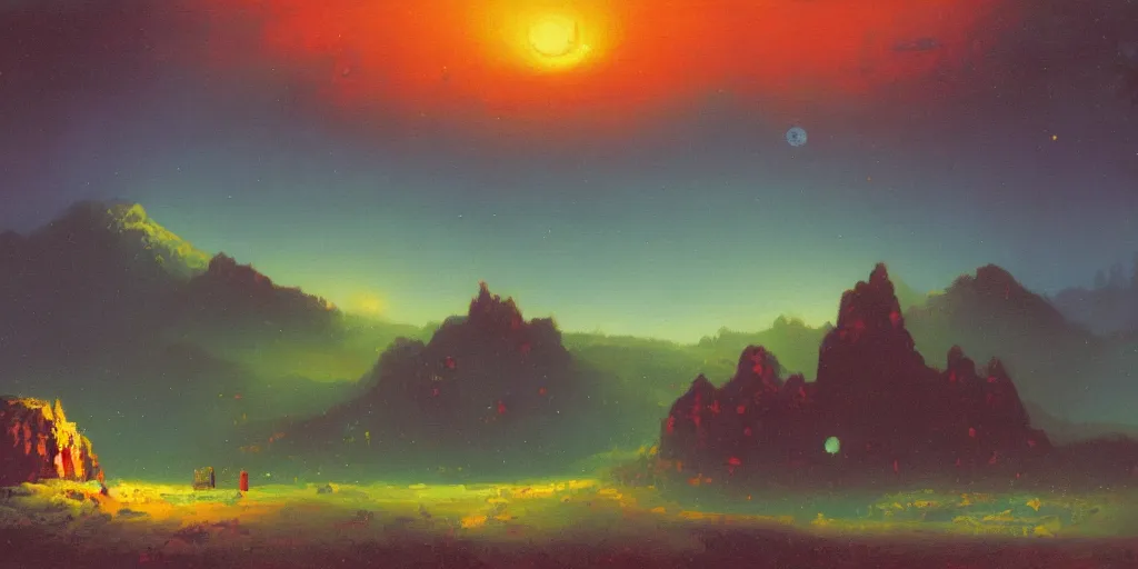 Prompt: a paul lehr narrow night landscape with far away mountains