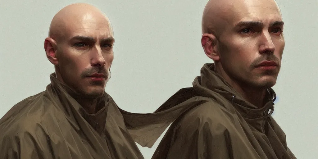 Image similar to european ( ( ( ( bald man ) ) ) ) dressed in raincoat, male, clear face, masculine, upper body, highly detailed, digital painting, artstation, concept art, matte, sharp focus, illustration, art by artgerm and greg rutkowski and alphonse mucha