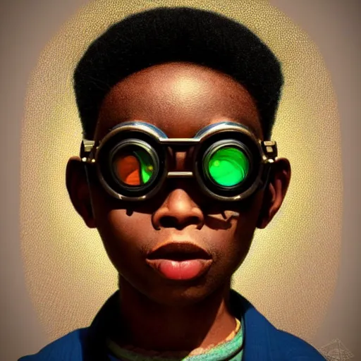 Image similar to colourful vfx upper half - portrait - art of a nigerian boy wearing steam punk goggles, art by utagawa kunisada, james jean & alphonse mucha, symmetrical, intricate detail, concept art, volumetric light, ray tracing, caricature, digital illustration, digital painting, octane 3 d render, unreal engine, sharp, pinterest, behance, art station,