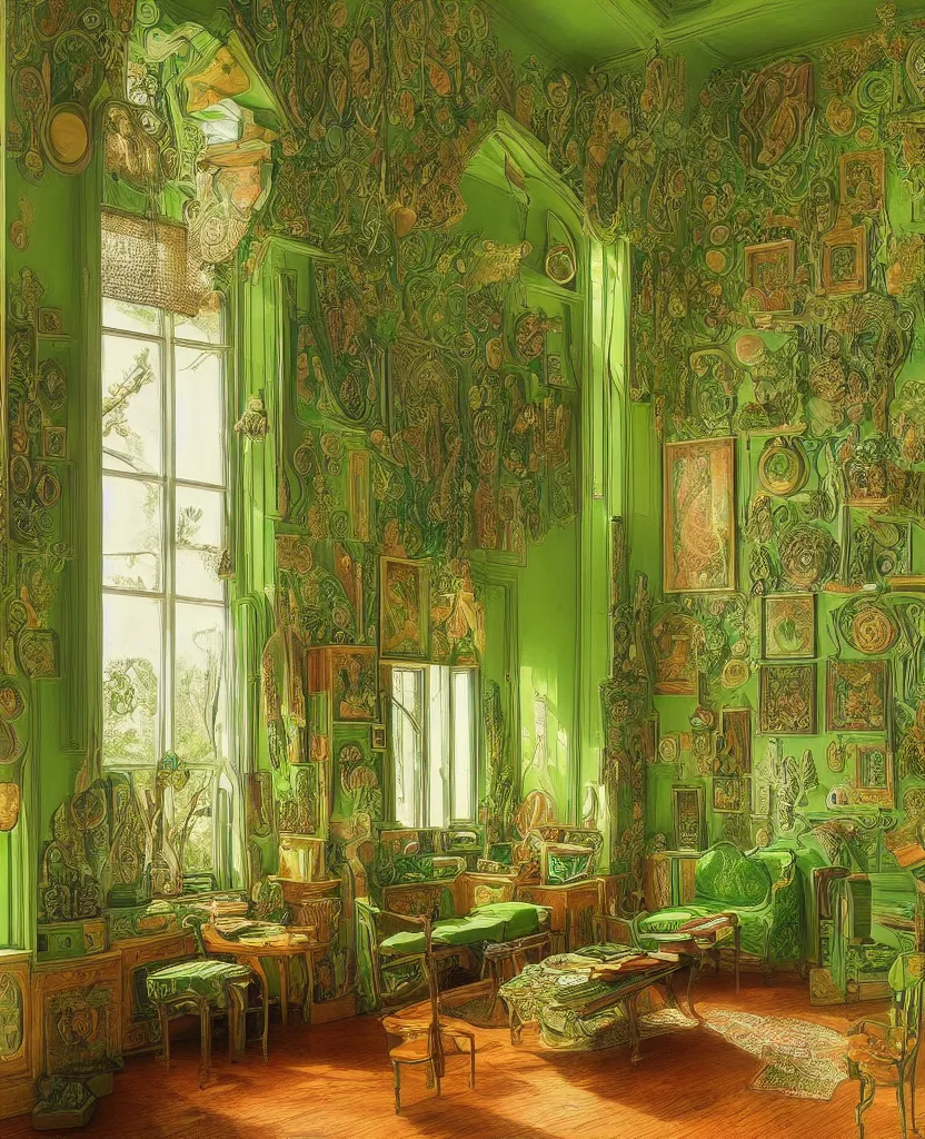 Image similar to room interior with furniture, green colors, designed by ernst haeckel, art forms in nature, afternoon light, intricate high details, sharp, ultradetailed