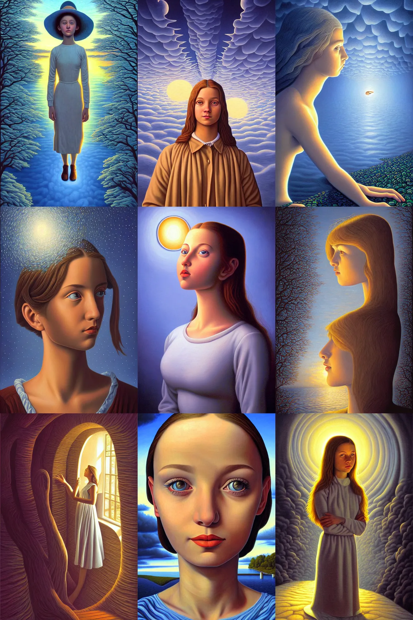 Prompt: a close - up portrait of girl painted by rob gonsalves, surrealistic, good light, magical atmosphere.