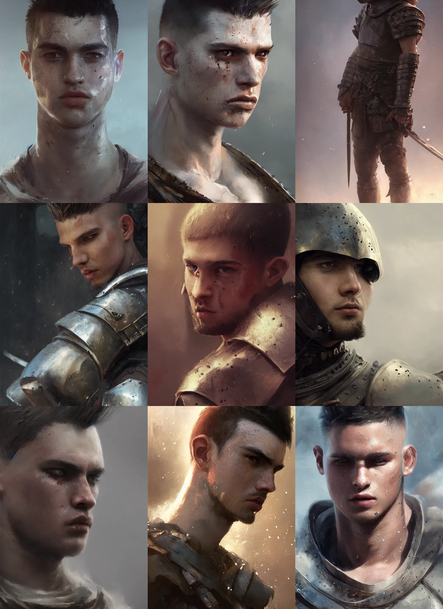 Prompt: close up of young male medieval warrior, modern fade haircut, dirty face, realistic cinematic lighting, fantasy, photorealistic, reflections, glistening, sweat, greg rutkowski, wlop, ruan jia, artgerm, grzegorz przybys, miguel iglesias, pixiv, artstation, octane renderer