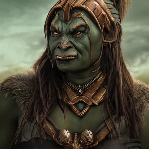 Image similar to thorkana orc woman with human features, highly detailed, character art, portrait, 8 k, professional art,