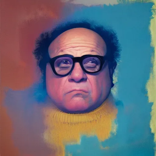 Image similar to Danny DeVito, neo brutralism, colorful, oilpainting, hyperrealistic, cgsociety, octane render, in the style of Mark Rothko, Edward Hopper and Akihiko Yoshida