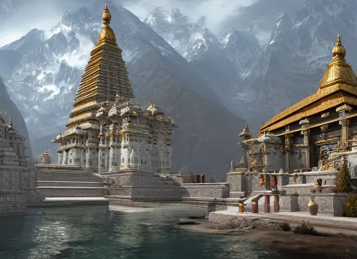 Prompt: A beautiful and detailed matte painting of the Gangotri Temple, immaculate scale, hyper-realistic, Unreal Engine, Octane Render, digital art, trending on Artstation, 4k, detailed, atmospheric, immaculate