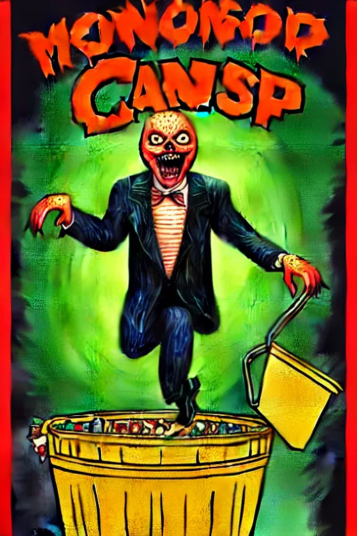 Image similar to vintage goosebumps cover art style illustration of a monster coming out of a garbage can.