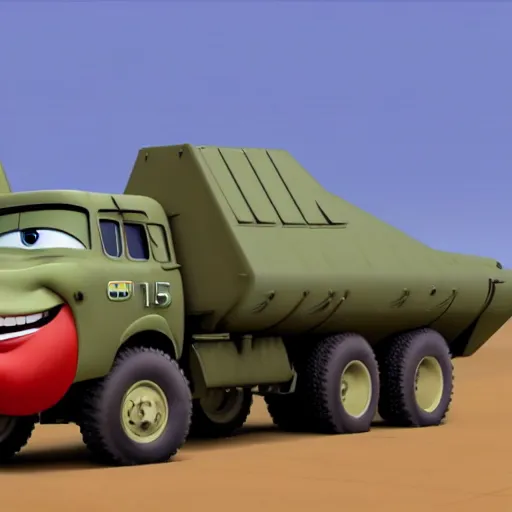 Image similar to HIMARS with missile, Pixar, Cars cartoon, detailed