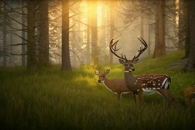 Prompt: a close up deer in the foreground, landscape misty forest scene x the sun glistening through the trees, hyper realistic photograph, octane render 8k, trending on artstation, unreal engine