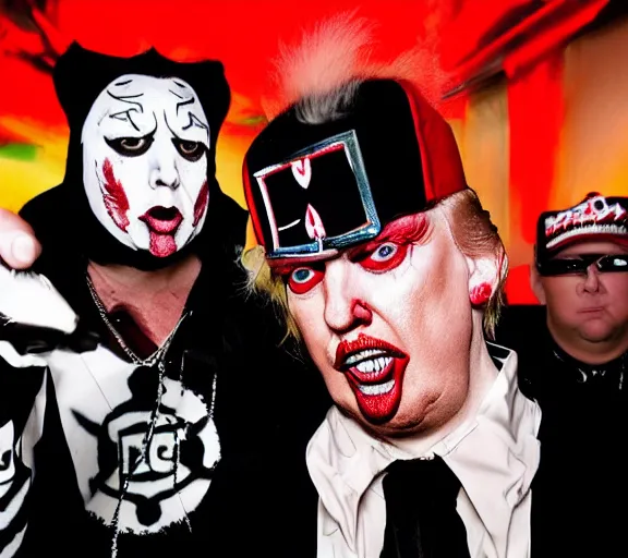 Prompt: color photo still of donald trump lead singer music group insane clown posse icp, live performance, face closeup detailed