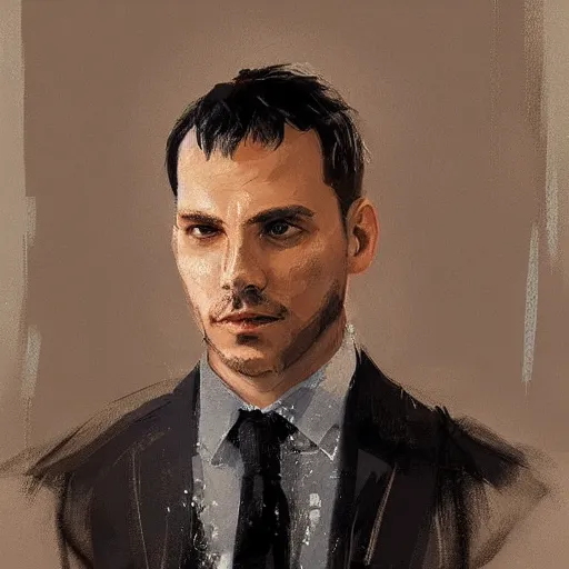 Image similar to portrait of a man by greg rutkowski, he is! about 3 0 years old, short black hair with bangs, his features are a mix between french, turkish and russian and he is wearing futuristic prosecutor suit, highly detailed portrait, digital painting, artstation, concept art, smooth, sharp foccus ilustration, artstation hq