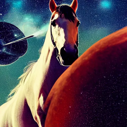 Image similar to image of horse above astronaut, hyperrealistic masterpiece, trending on artstation, cgsociety, kodakchrome, golden ratio, cinematic, composition, beautiful lighting, hyper detailed