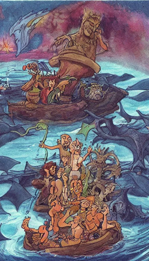 Image similar to man on boat crossing a body of water in hell with creatures in the water, sea of souls, by don bluth