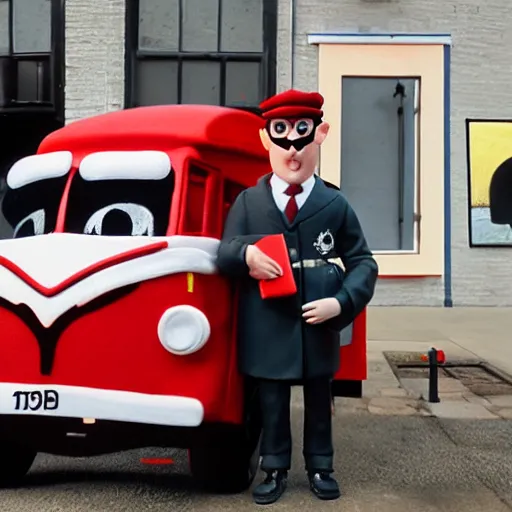 Image similar to postman pat visits a gallery with his cat jess, red van, white gallery, contemporary art, photorealistic