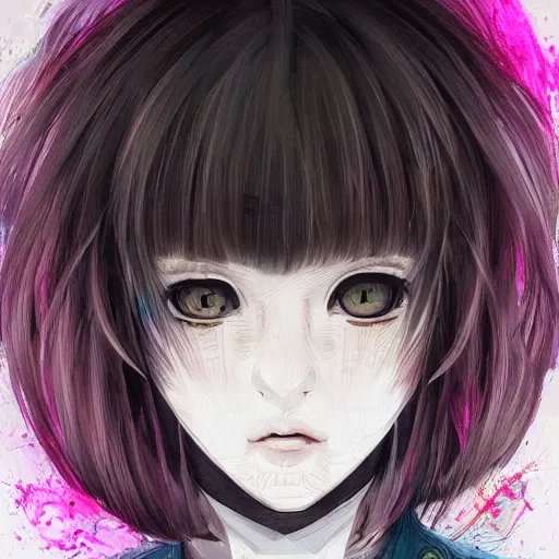 Image similar to beautiful pure evil teenager lain, cute haircut, with hundreds of network cables, neatly coming out of her head, a part of her face panel is showing, she is in pure bliss, chaos, bizarre, strange, portrait, painting, soft and intricate, fine lines, by artgerm,